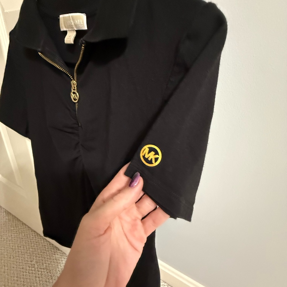 Michael Kors Black and Gold Ruched Polo Blouse